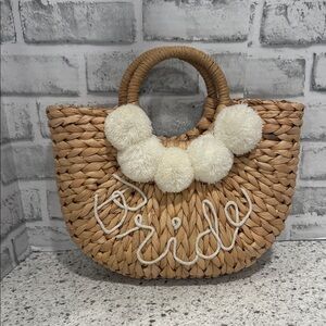 Handcrafted “Bride” Tan Straw Bag with Off White Accents